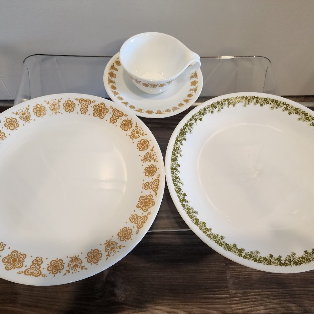 Vintage Corelle Large Plates 'Spring Blossom' + 'Butterfly Gold' and Cup/Saucer